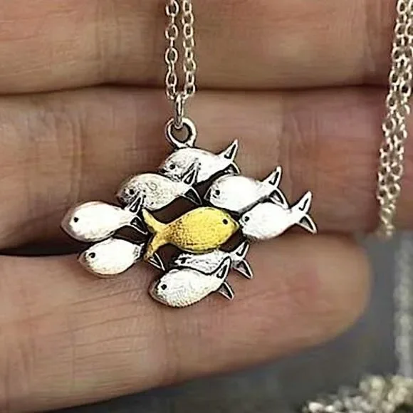 Ocean Inspired Fish Pendant Necklace Individuality Statement Silver Gold Tone - Picture 3 of 7